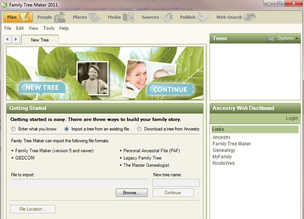 Family Tree Maker Starting Menu