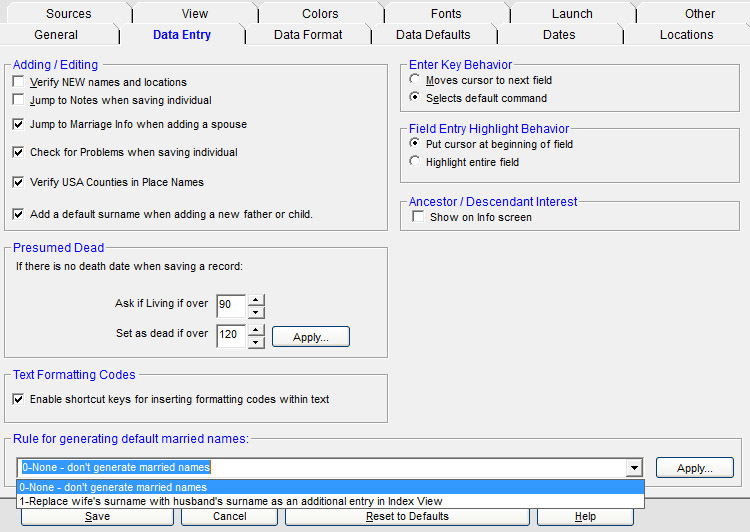 Legacy data entry preferences