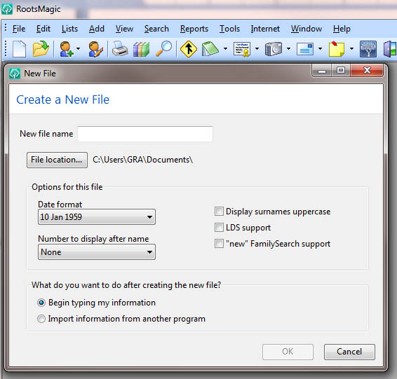 RootsMagic create new file