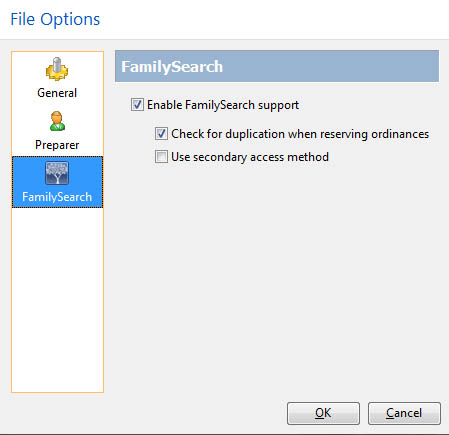 RootsMagic FamilySearch options